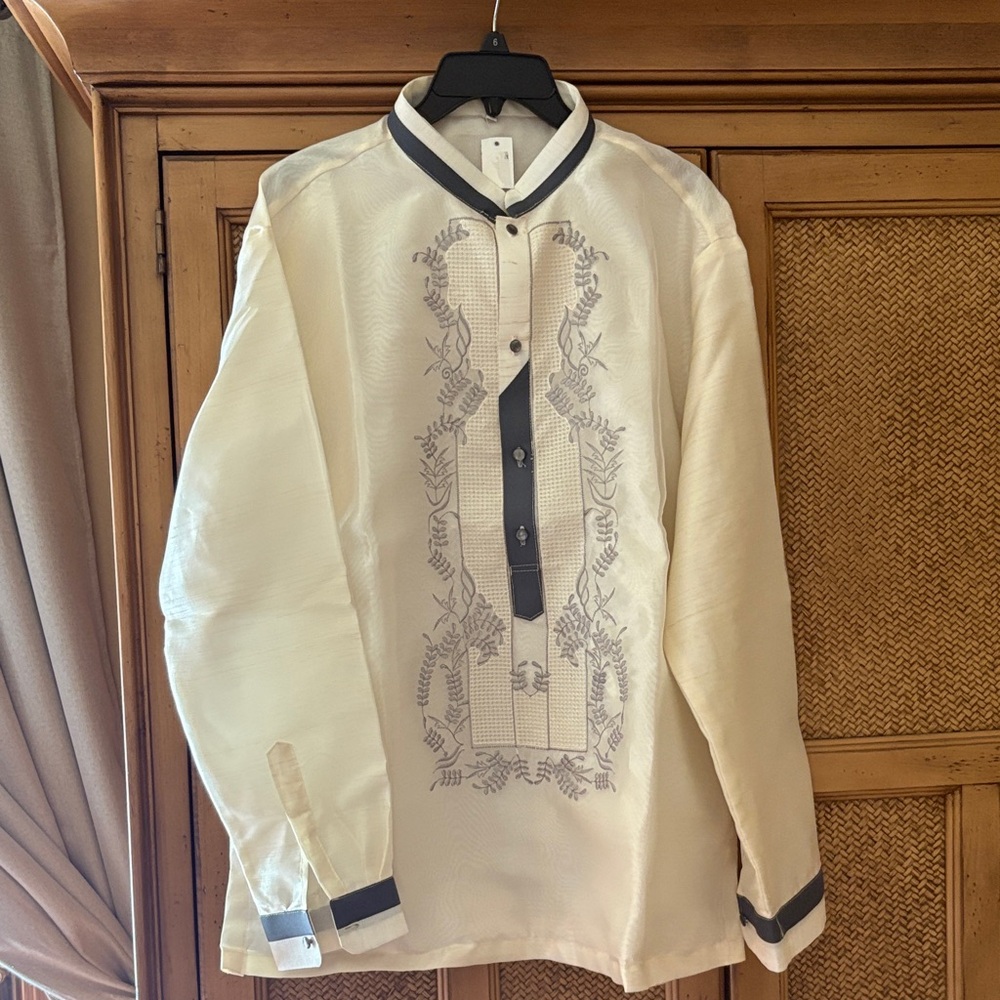Men's Cream and Black Dress Shirt Barong